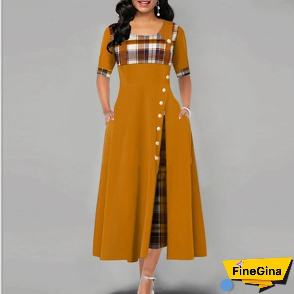 Women's Fashion Half Sleeve Plaid Print Button Detail Maxi Dress Vintage Dress Plus Size S-5XL