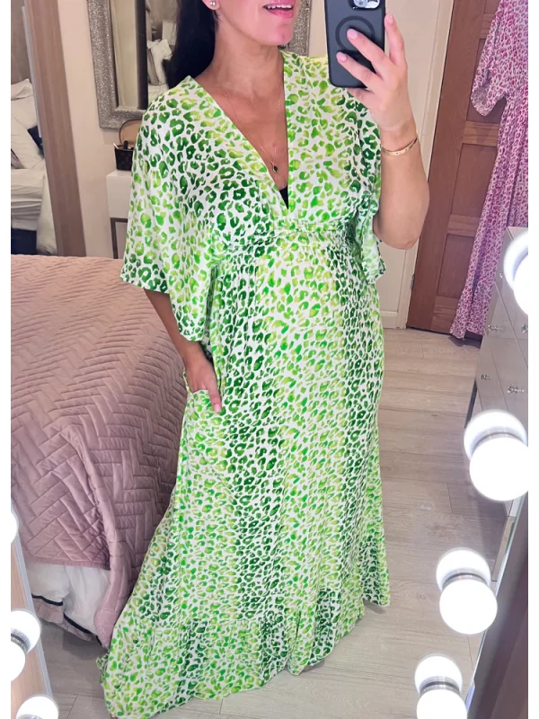 Bohemian Cheetah print V-neck waist wrap long dress
