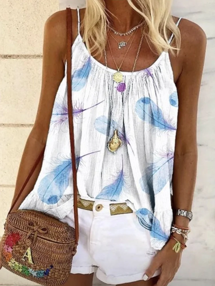 Casual Printed Cotton-Blend Sleeveless Shirts & Tops
