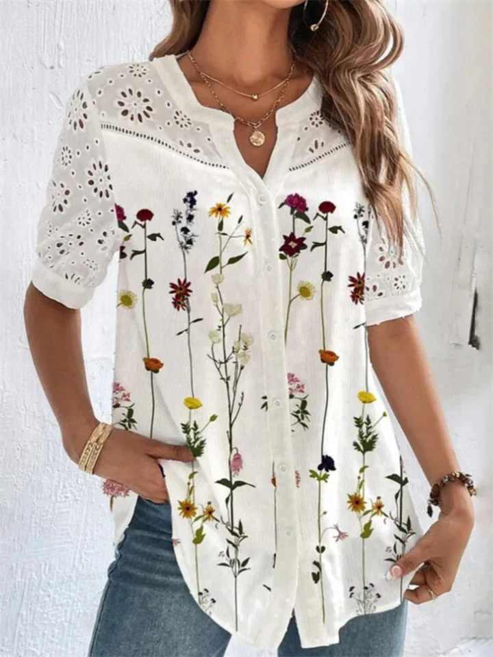 Summer New Personalized Street Fashion Double-breasted Lapel Short-sleeved Shirt Ladies Casual Commuter Wind Blouse-Mixcun