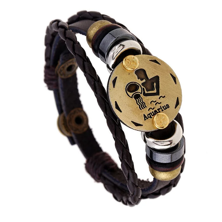 Aquarius - Retro Zodiac Sign Leather Wrist Band Bracelet