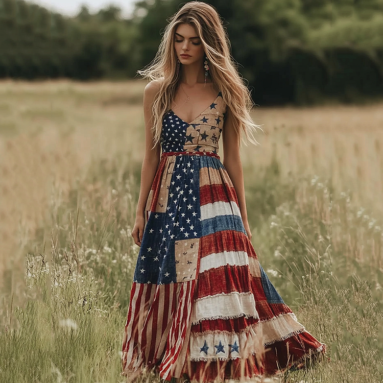 VChics Women's Vintage Independence Day Print Linen Tank Dress