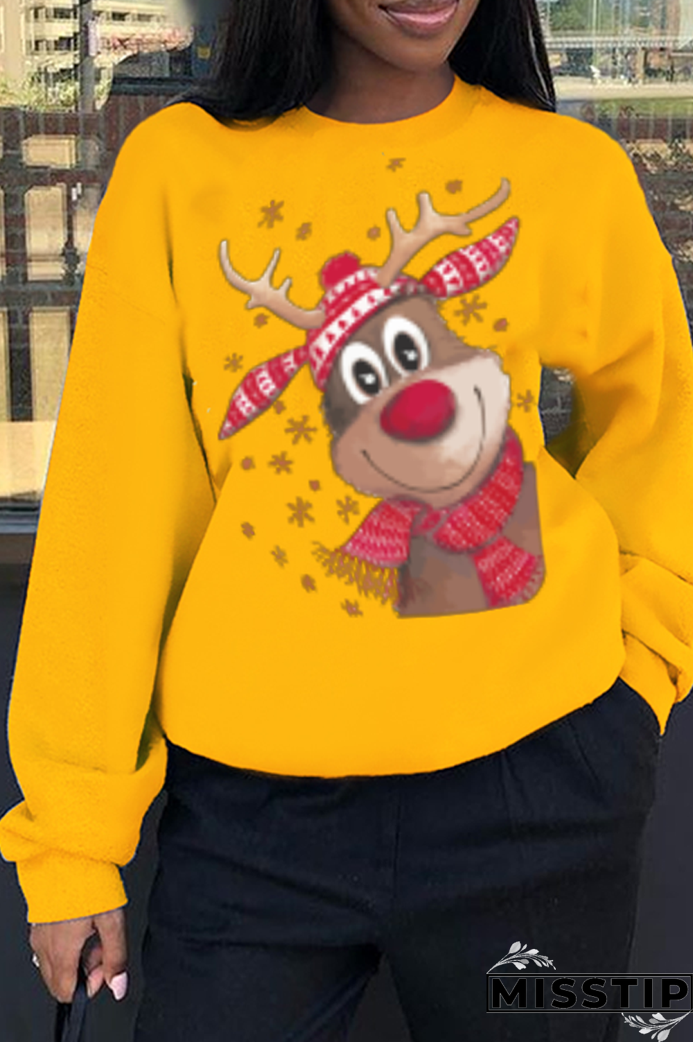 Black Casual Street Print Wapiti Patchwork O Neck Tops