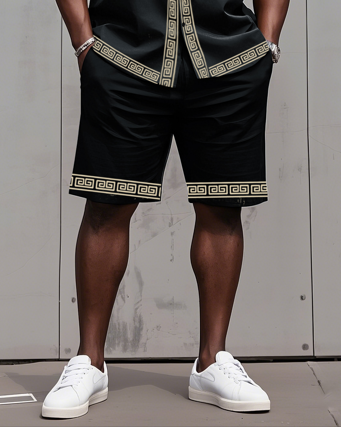 Big Man's Retro Daily Casual Edge Color Block Printing Short Sleeve Shirt Shorts Suit