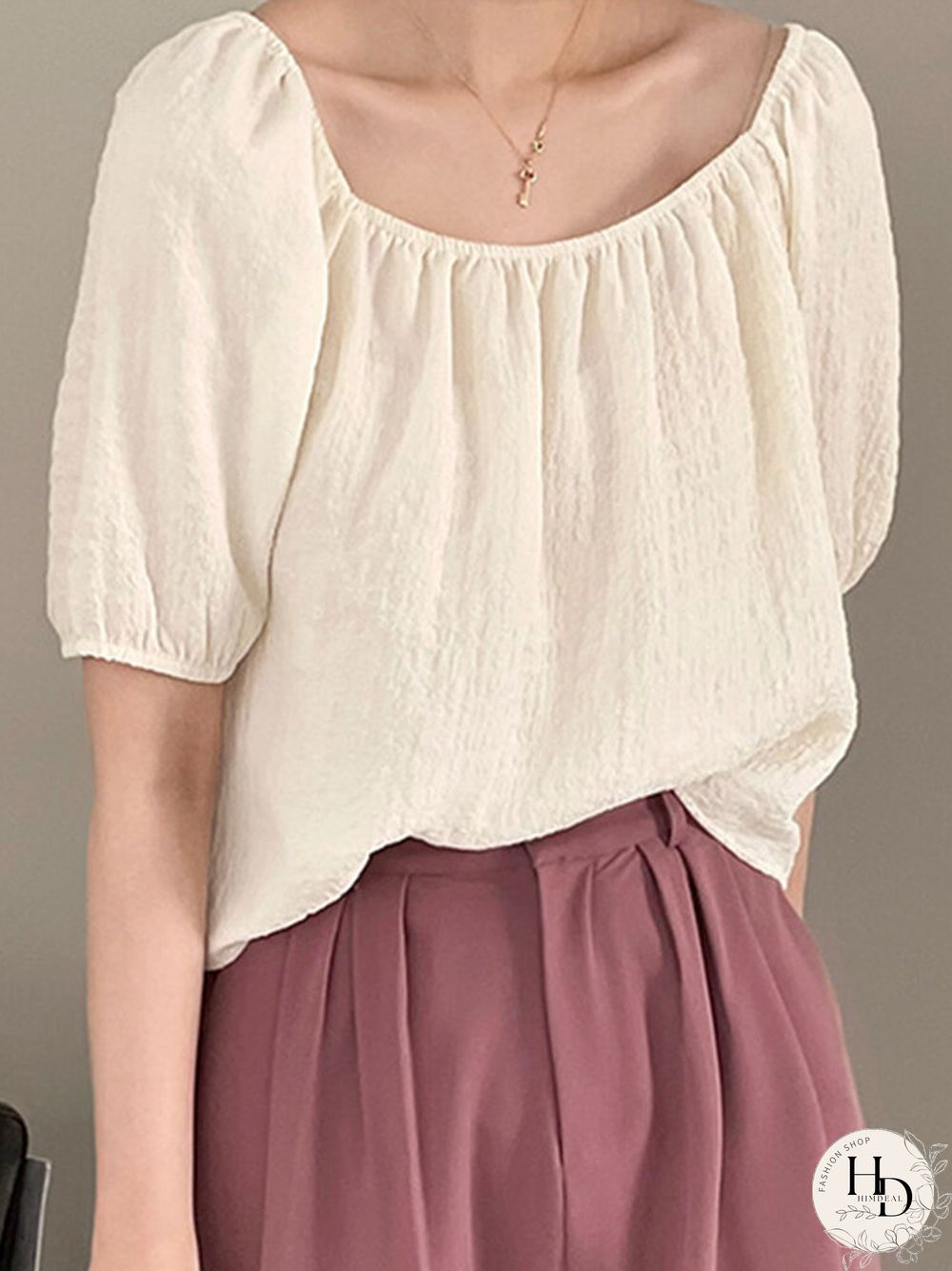 Elastic Shoulder Pleats Puff Sleeve Casual Blouse