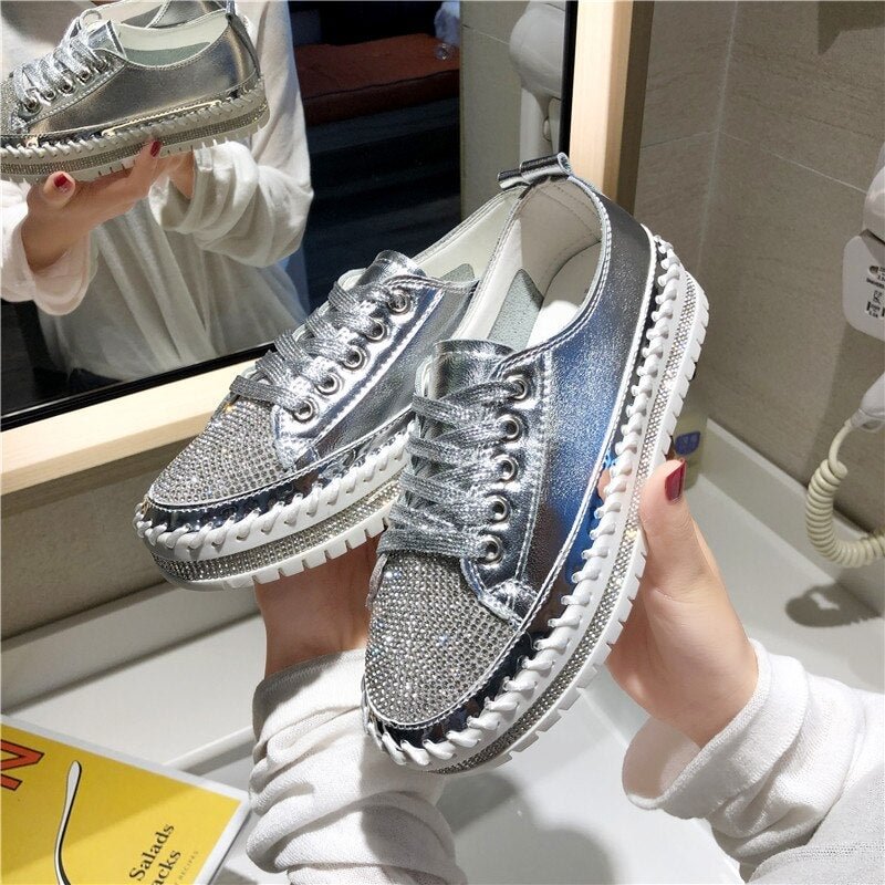 Lucyever Women Crystal Flat Shoes 2019 Autumn Fashion Bing Lace Up Ladies Casual Shoes Comfortable Round Toe Platform Sneakers