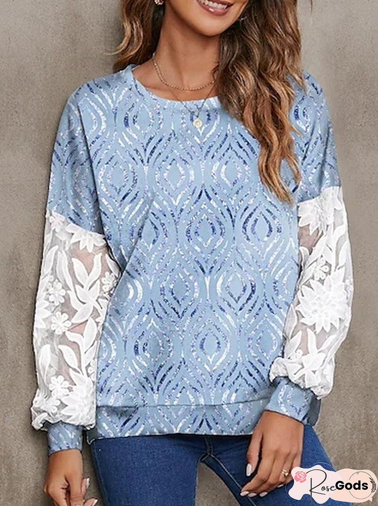 Lace Crew Neck Geometric Sweatshirts