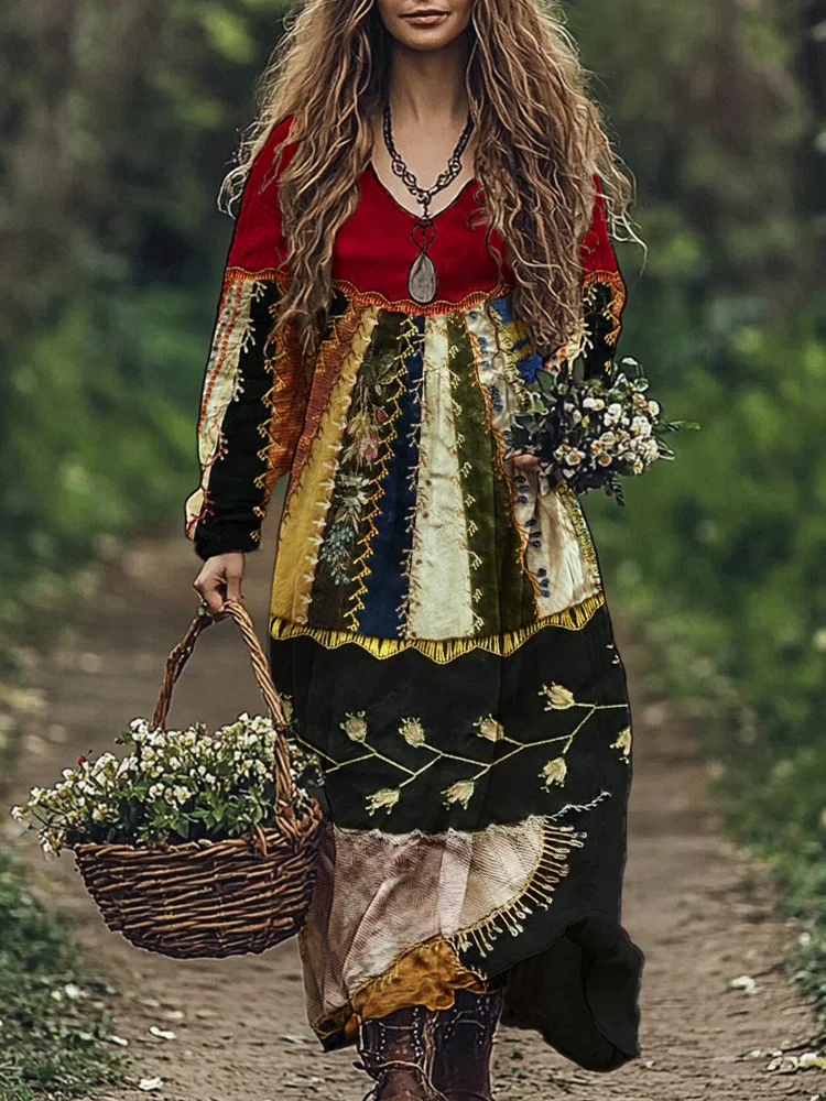 Vintage Floral Embroidery Women's Linen Maxi Dress