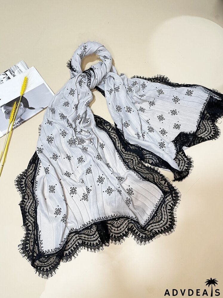 Lace Trim Floral Print Scarf