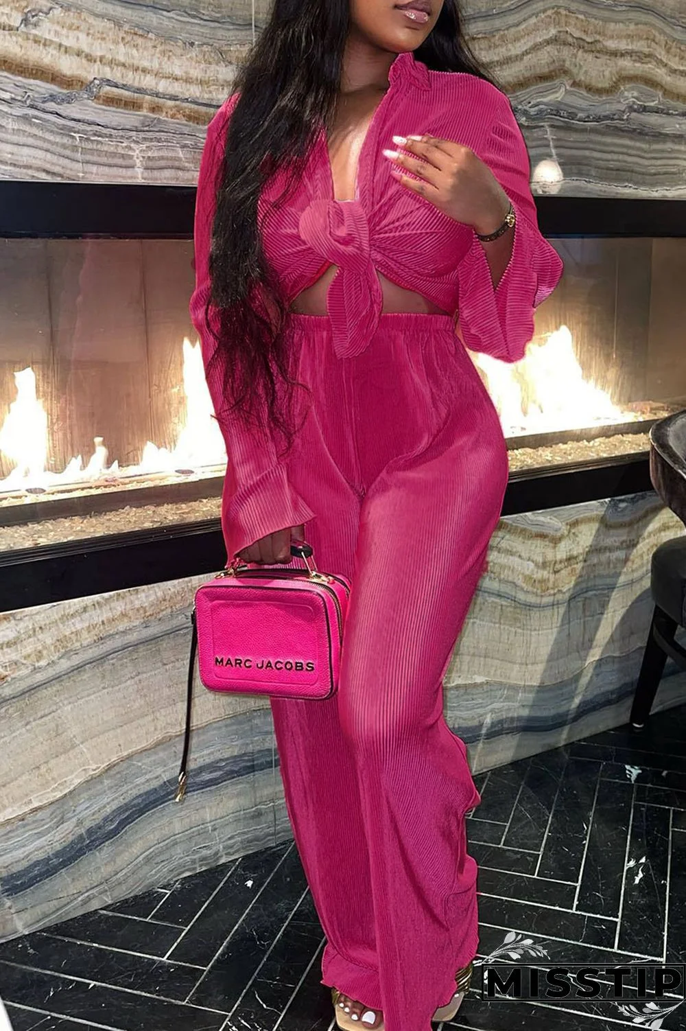 Black Casual Solid Bandage Patchwork Buckle Turndown Collar Long Sleeve Two Pieces