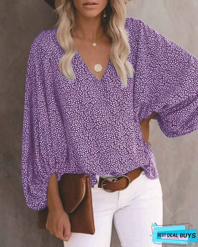 Floral Print V-Neck Casual Long-Sleeved Blouse