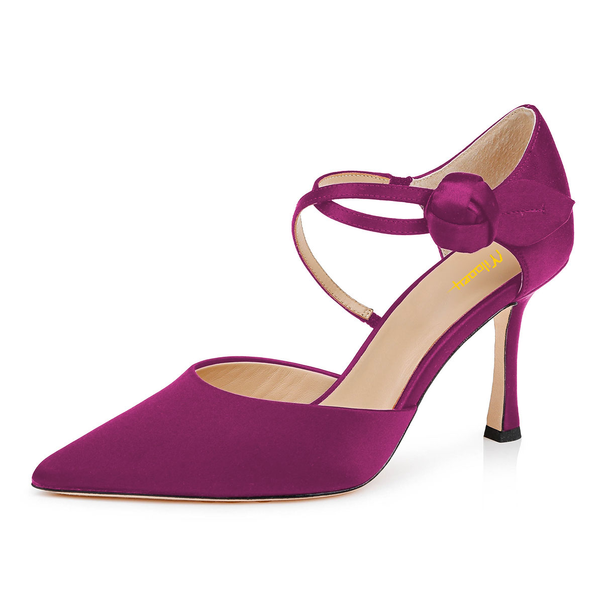 Purple Satin Floral Ankle Strap Pointed Toe Stiletto Heel Pumps Shoes Nicepairs