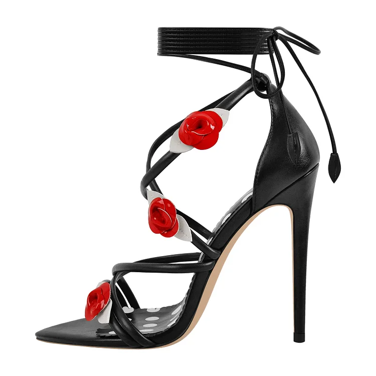 Statement Gladiator Flower Lace-up Pointed Toe Stiletto Sandals
