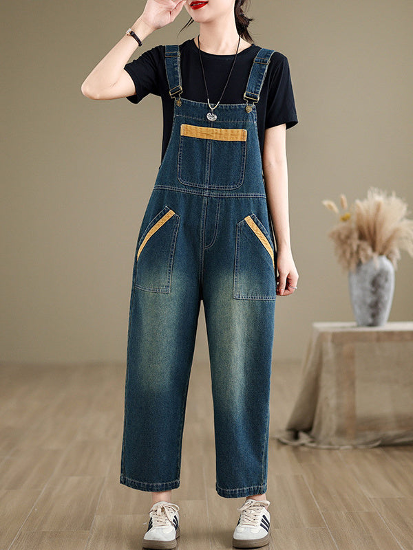 Women's Loose Denim Overalls Large Size Color Matching Casual Wide Leg Pants Overalls