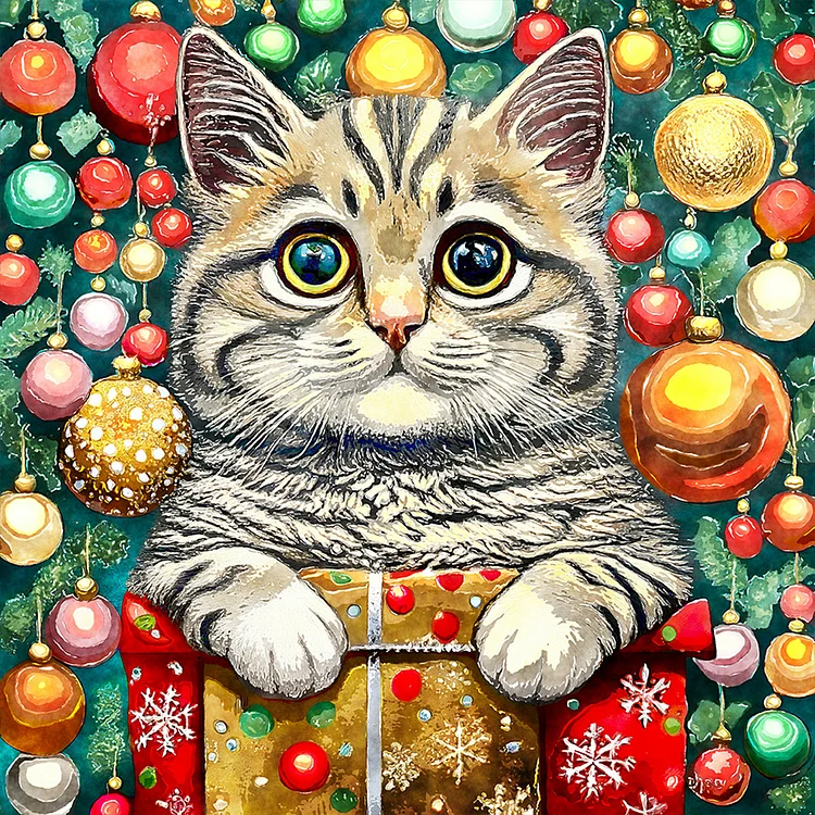 Christmas Kitten 30*30CM (Canvas) Full Round Drill Diamond Painting gbfke