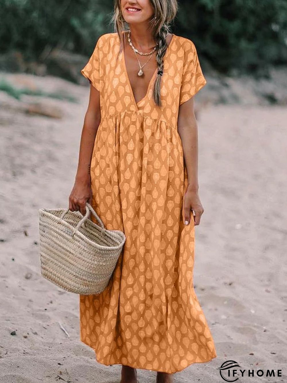 Women Plus Size Casual V Neck Short Sleeve Printed Floral Weaving Dress | IFYHOME