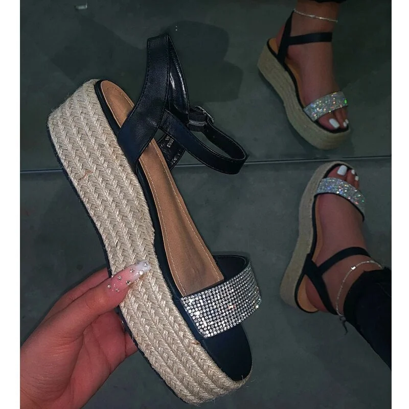 Dropshipping Summer 2020 Women Hemp High Heel Platform Outdoor Leisure Buckle Slippers Beach Sandals Ladies Sexy Biling Sandals
