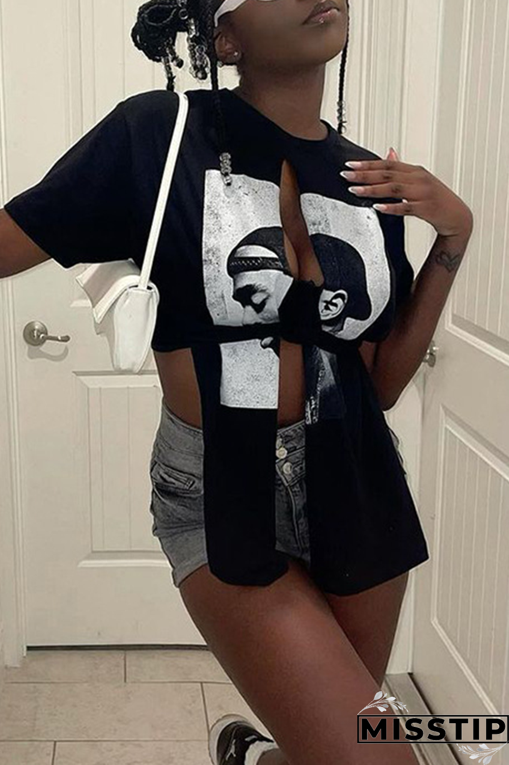 Black Fashion Print Slit O Neck T-Shirts