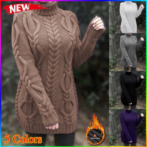 New Ladies Fashion Autumn and Winter Warm High-neck Knitted Sweater Long Casual Solid Color Sweater Coat - Shop Trendy Women's Fashion | TeeYours