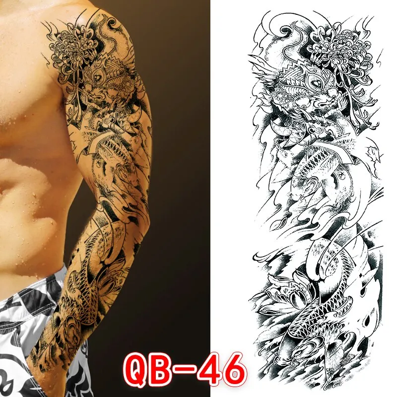 Sdrawing Men Temporary Tattoos Large Arm Sleeve Tattoo Sticker Dragon Tiger Fish Full Skull Totem Wolf Waterproof Fake Tattoo for Women