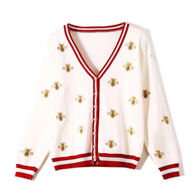 Bee Embroidery Cardigan Long Sleeve