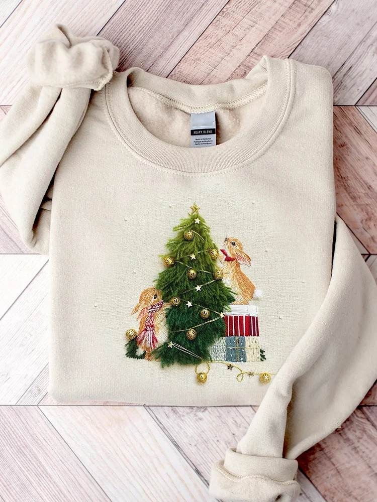 Christmas Tree & Bunny Embroidery Art Comfy Sweatshirt