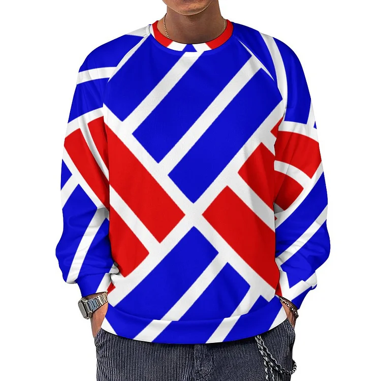 Fall and Spring Red White Blue Stripe Geometric Check 4Th July Thr Guys Crew Sweatshirt Mens Soft Athletic Pullover Sweater - Heather Prints Shirts