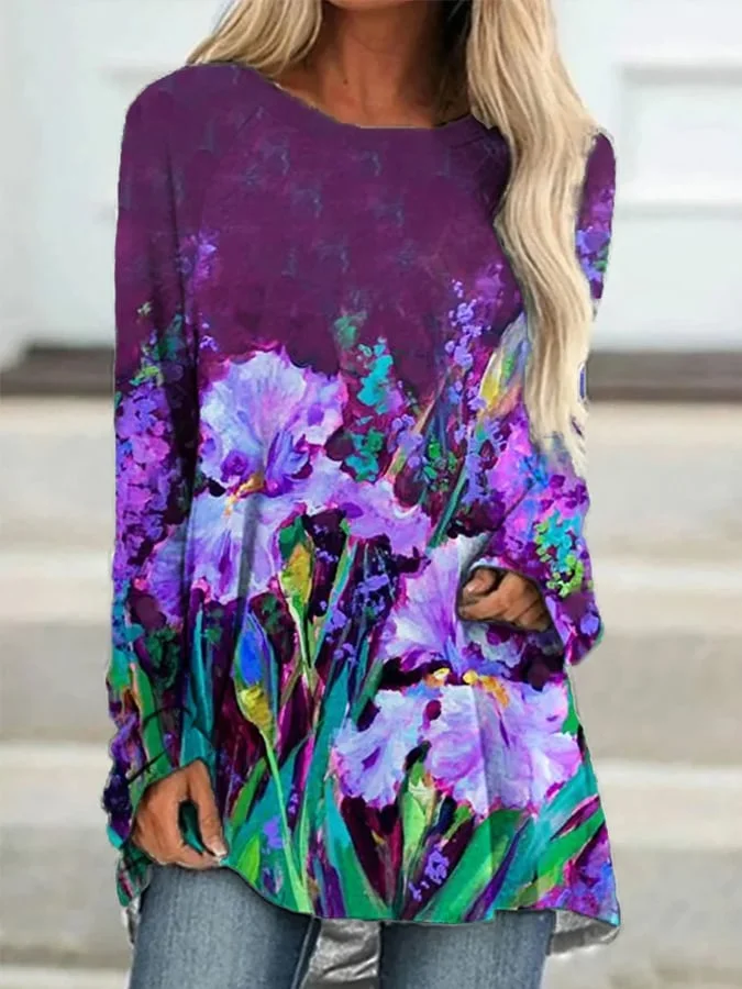 Women's Purple Iris Oil Painting Printed Sweatshirt