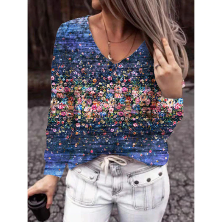New Women's Top 2021 Autumn Winter Print Floral Long Sleeve T-shirt Fashion Casual V Neck Loose Ladies Tops Oversized  XS-5Xl