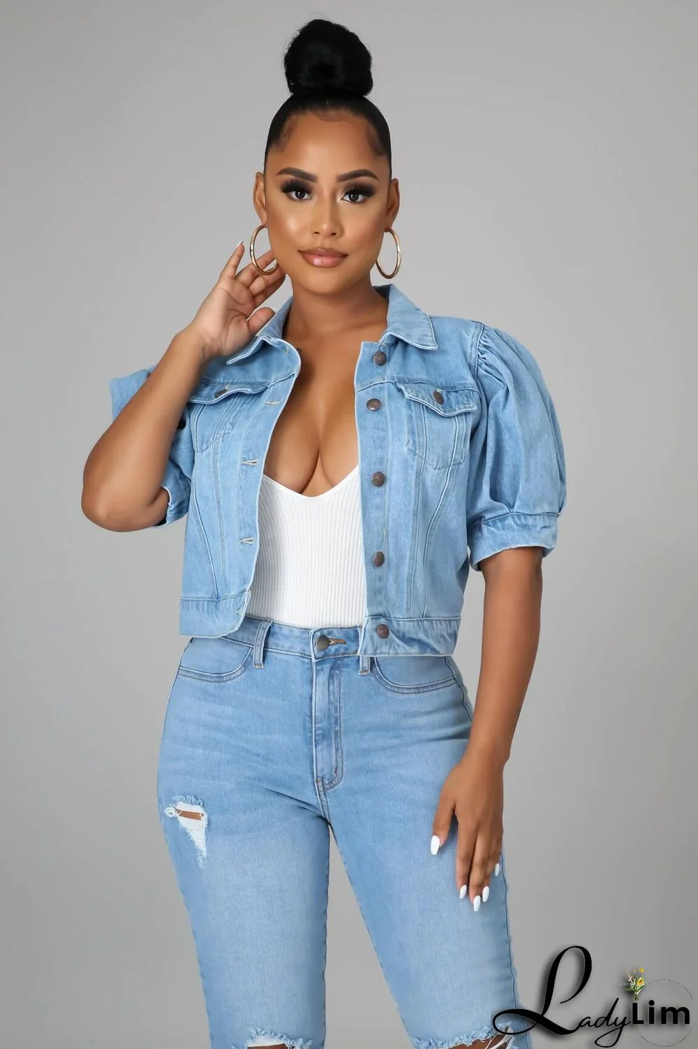 Fashion Button Up Short Sleeve Half Puff Sleeve Women Denim Jacket