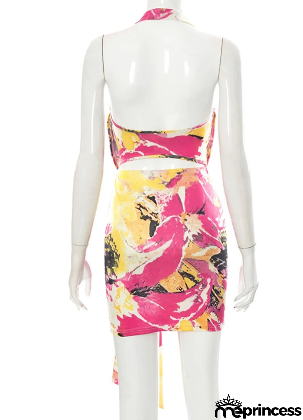 Women Summer Rose Sexy Halter Sleeveless Floral Print Backless Mini Bodycon Dress