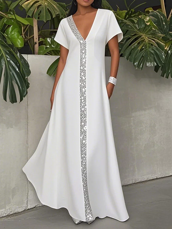 Solid Color Shiny Short Sleeves Loose V-Neck Maxi Dresses