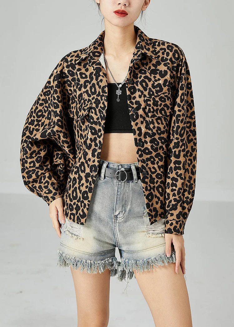 5.6Plus Size Khaki Oversized Leopard Print Cotton Coat Batwing Sleeve