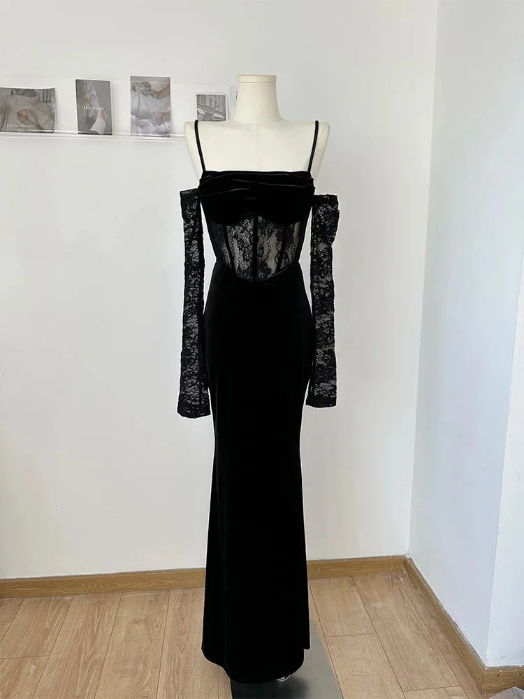Huiketi Women's Black Bodycon A-line Lace Evening Dress Elegant Off Shoulder One Piece Frocks Vintage 90s Y2k Luxury Dress 2000s Clothes