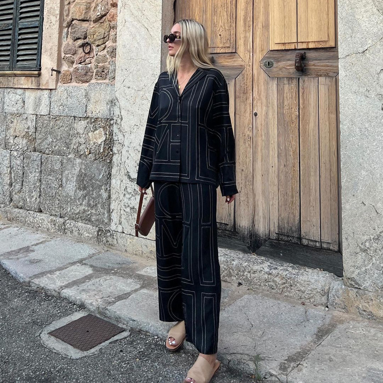 Ootddress Casual Patchwork Printed 2 Piece-Set For Women Trousers Fashion Lapel Shirts Nightwear Slim High Waist Women's Pants Sets