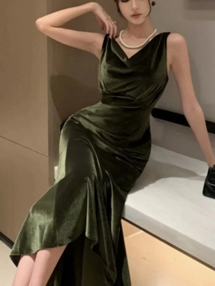Abebey-Elegant Velvet Dress Women Sleeveless V-neck Wrap Hip Slim Mermaid Evening Party Prom Vestidos Mujer Solid Fashion Sexy Robe New