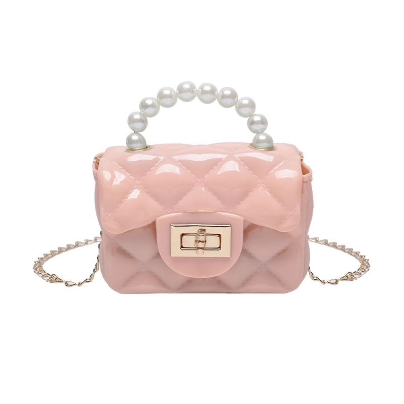 Girl’s Small Pu Leather Solid Color Lingge Cute Pearls Square Lock Clasp Crossbody Bag