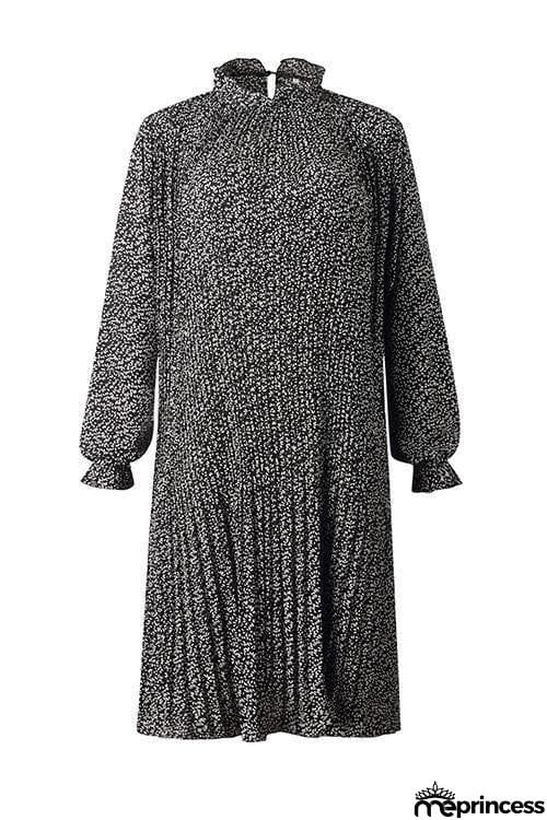 Print Pleated Long Sleeve Dress