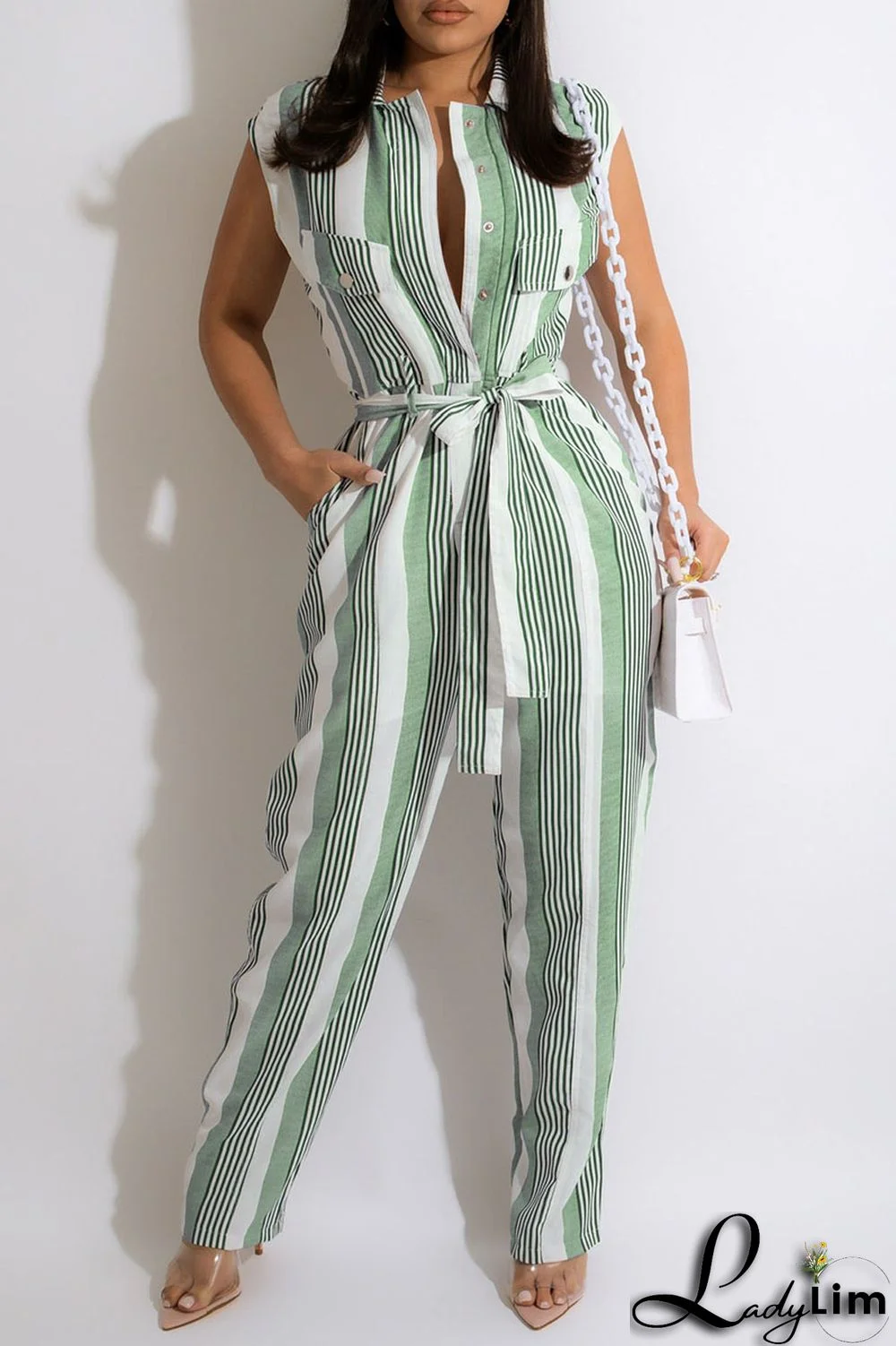 Green Casual Striped Print Split Joint Buckle With Belt Straight Jumpsuits