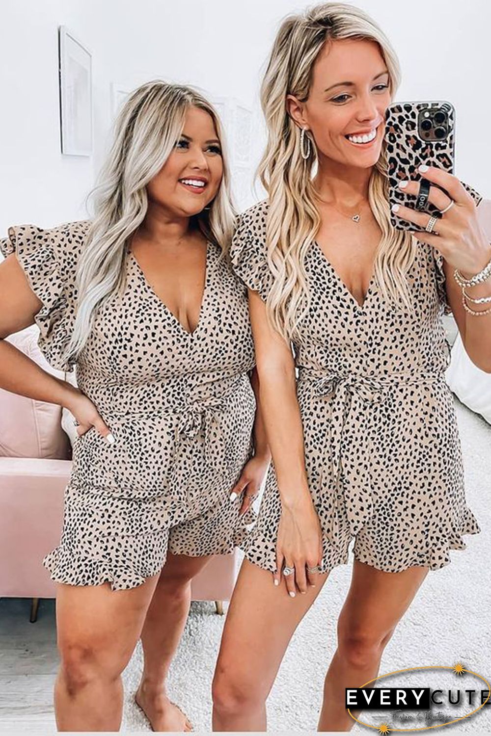 Ruffled V Neck Leopard Romper with Belt