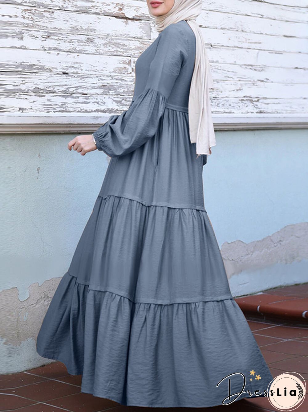 Muslim Solid Color Long Shirt Sundress Casual Pleated Maxi Dress