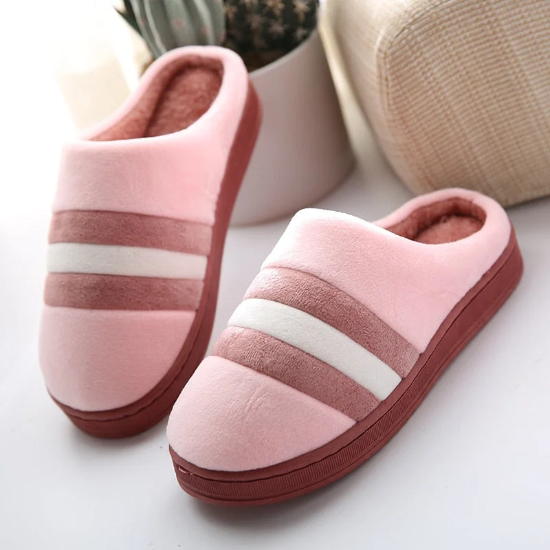Men and Women Striped Indoor Home Autumn and Winter Couples Warm Cotton Slippers Cotton Indoor Home Soft and Comfortable