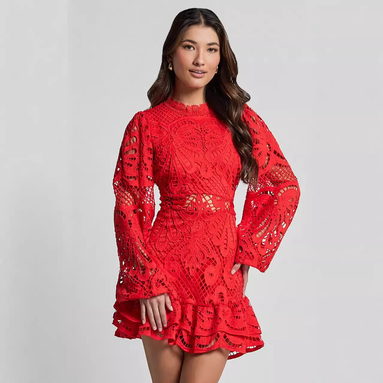 Women's Lace Mini Dress, Cutout Waist Bishop Sleeve Ruffle Hem Party Dress