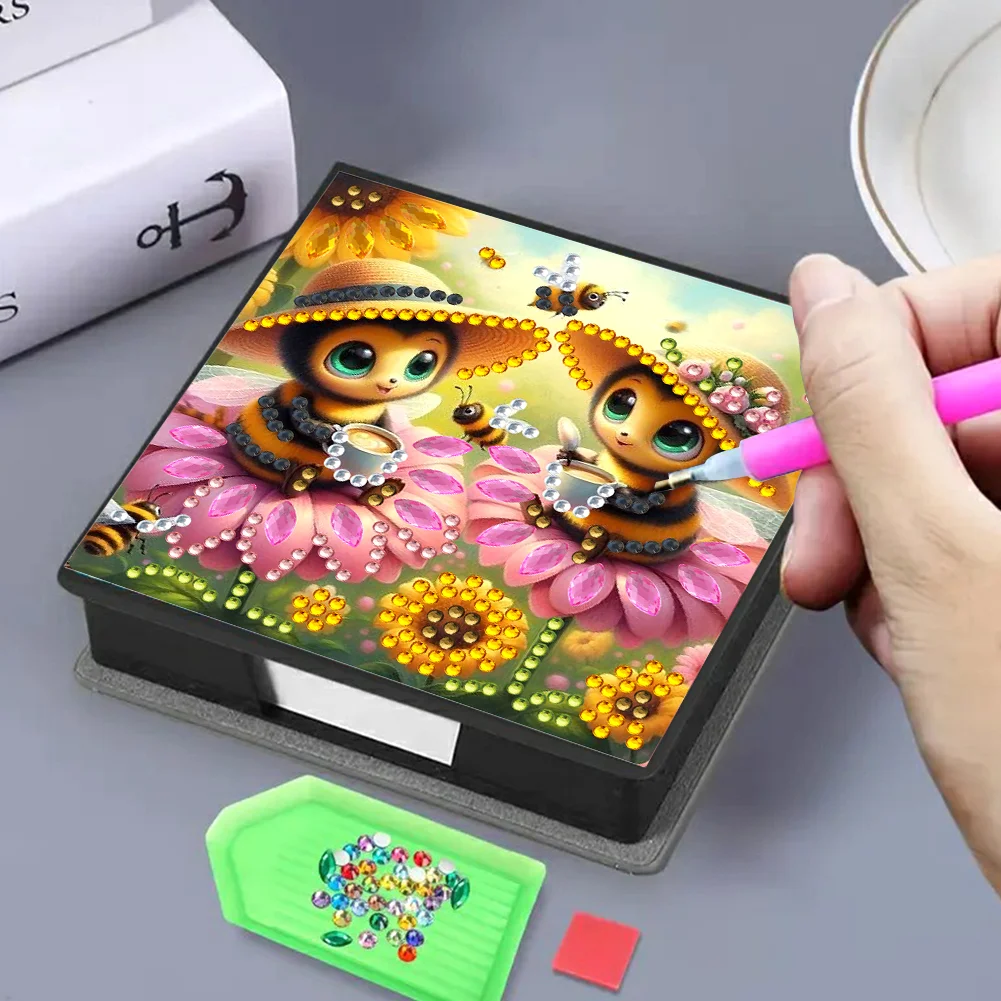 PU Bee Diamond Painting Notecard Box with Papers for DIY Art Craft