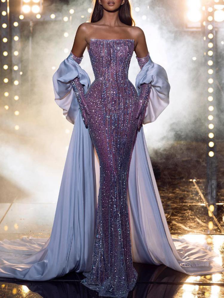 Promsstyle Glittering sequin straight neckline mermaid cocktail dress with puff sleeve cover ups Prom Dress 2023