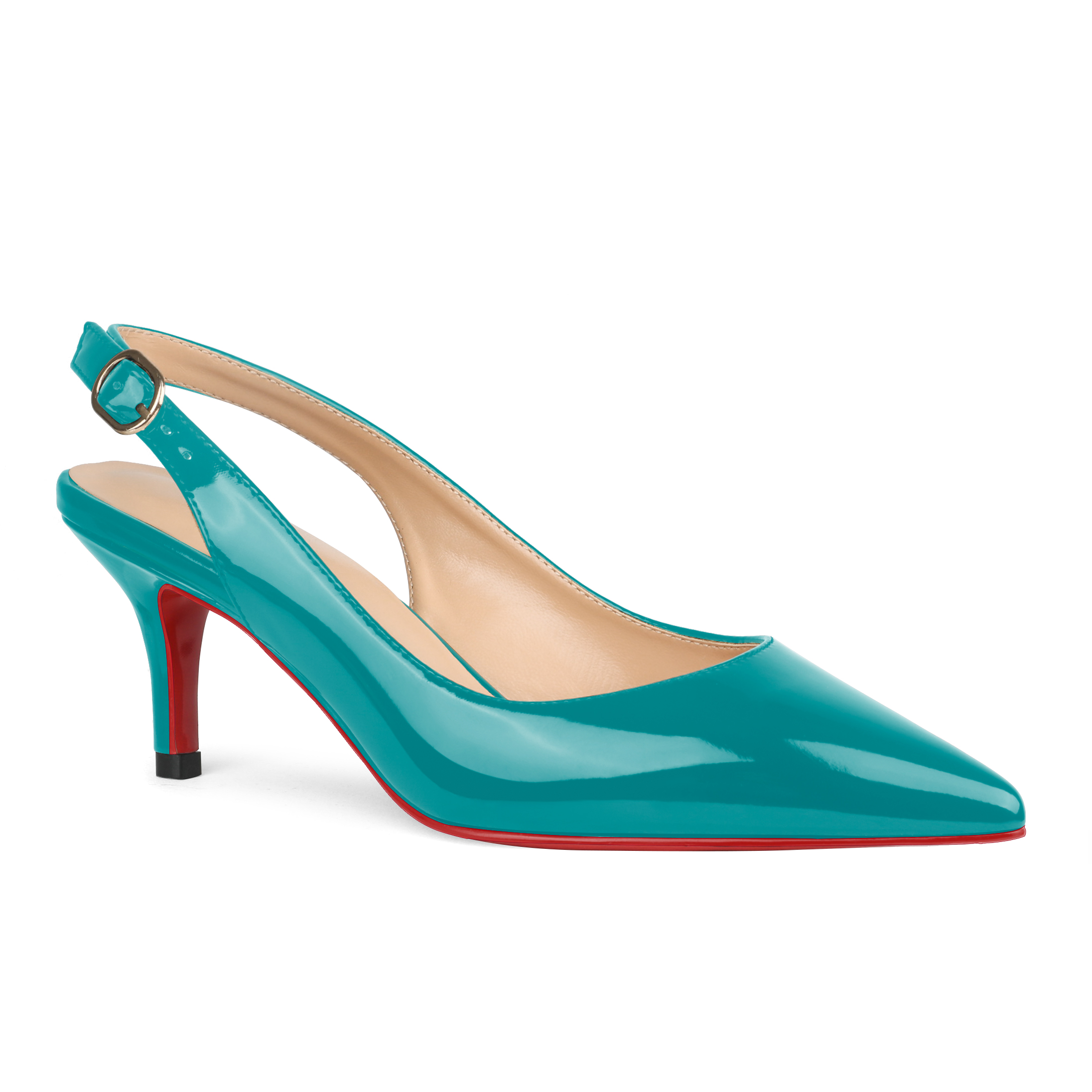 2.36" Women's Pointed Toe Slingback Red Bottom Shoes Kitten Heel Pumps Patent-MERUMOTE