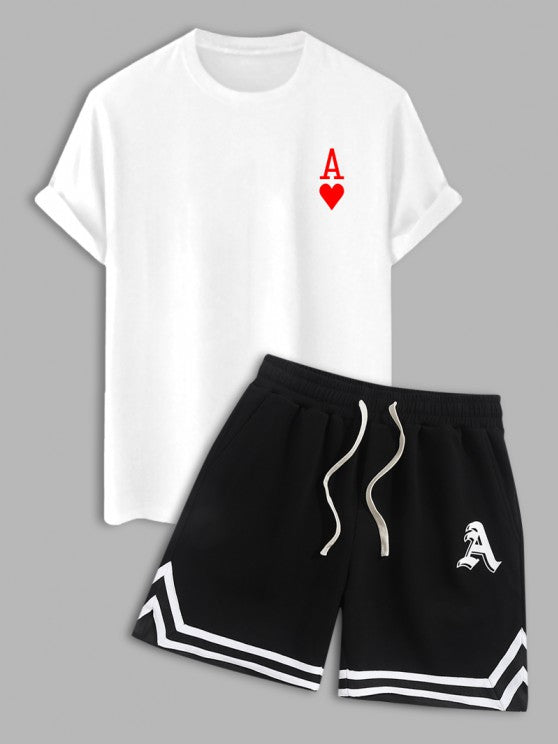 Printed Short Sleeves T shirt And Letter Striped Pattern Shorts Set