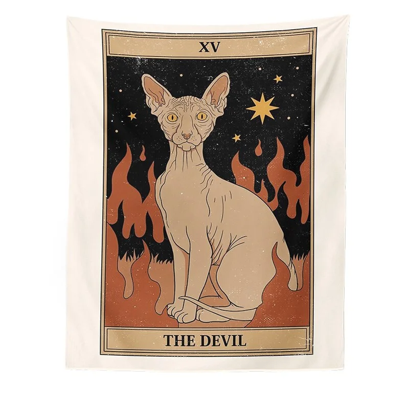 Cat Divination Witchcraft Tarot Card Tapestry Wall Hanging Tapestries Baphomet Occult Home Wall Moon phase Mat Decor Cat Coven