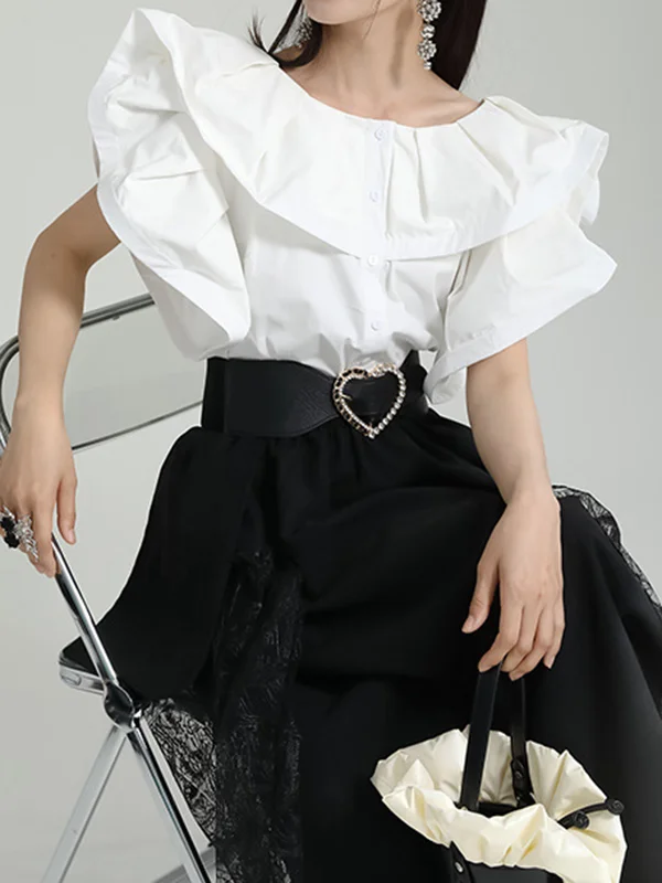 Loose Short Sleeves Falbala Pleated Solid Color Split-Joint Round-Neck Blouses