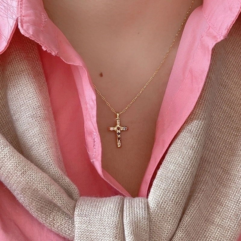 Streetwear Cross Copper Inlay Zircon Pendant Necklace